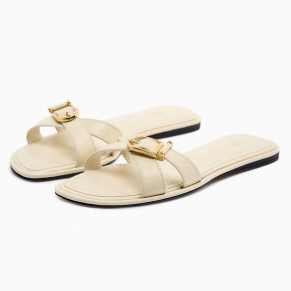 Zara Off White / Cream FLAT LEATHER SANDAL WITH BUCKLE Size 9 US - Picture 1 of 9